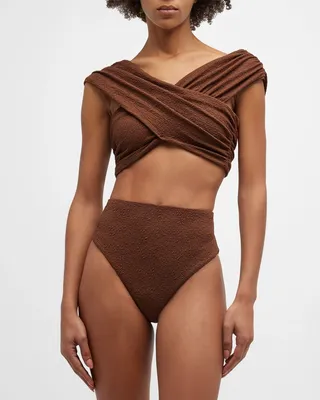 Lorina Crossover Crinkled Jacquard Bikini Top