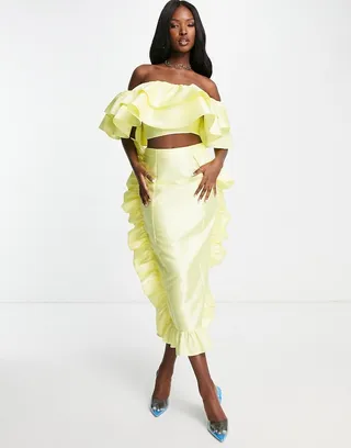 ASOS LUXE satin ruffle midi pencil skirt in lemon - part of a set