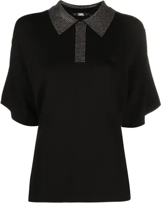 Crystal-Embellished Knitted Polo Top