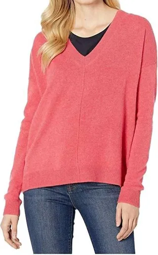 V-Neck Sweater With Princess Seams in Coral