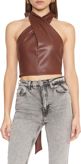 Paulita Faux Leather Crop Halter Top