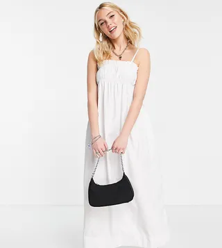Stradivarius strappy shirred midi dress in white