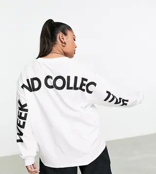 ASOS Weekend Collective Curve oversized long sleeve t-shirt with back logo in white