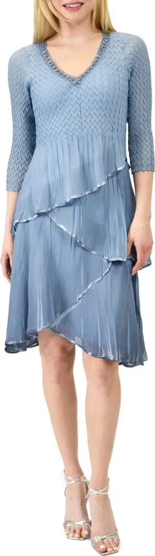 Beaded Tiered Charmeuse & Chiffon Cocktail Dress