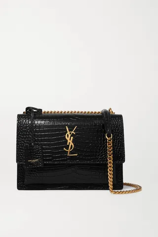 SAINT LAURENT - Sunset Small Croc-effect Patent-leather Shoulder Bag - Black