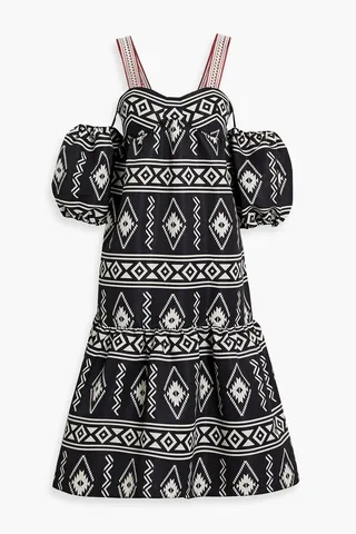 Luna cold-shoulder tiered printed faille midi dress