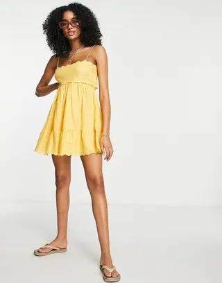 ASOS DESIGN scallop edge cut out back mini sundress in buttermilk