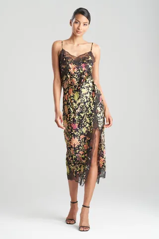 Yasugi Charmeuse Silk Lace Slit Gown
