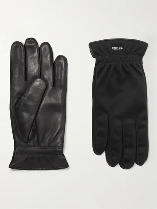 Logo-Flocked Cashmere and Leather Gloves