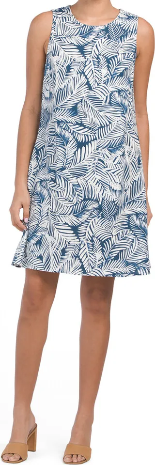 Gwen Linen Blend Sleeveless Palm Print Swing Mini Dress