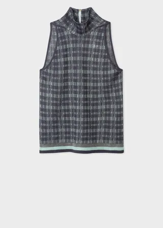 Women's Navy Check Sleeveless Turtle Neck Top