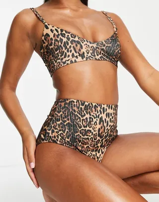 ASOS DESIGN mix and match ribbed high waist bikini bottoms in leopard print