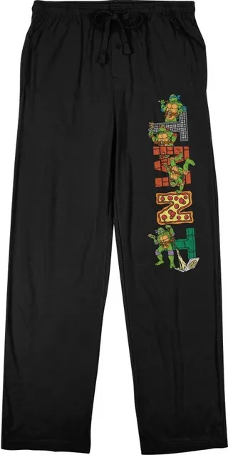 Teenage Mutant Ninja Turtles Retro Cartoon Logo Mens Black Drawstring Sleep Pajama Pants-XX-Large