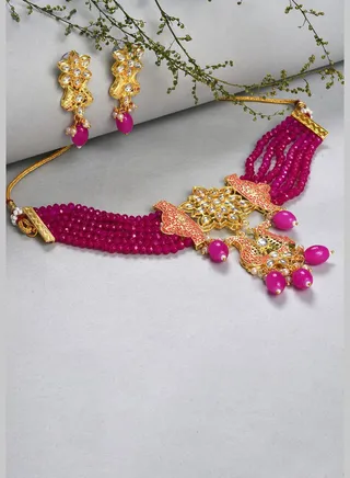 Gold Plated Designer Stone Beaded Necklace and Earrings Set