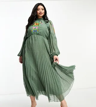 ASOS DESIGN Curve pleated lace insert embroidered maxi dress in khaki