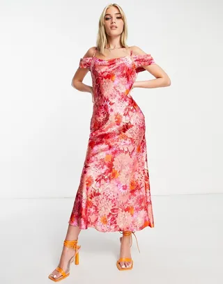 Hope & Ivy cold shoulder satin midi dress in red and pink floral