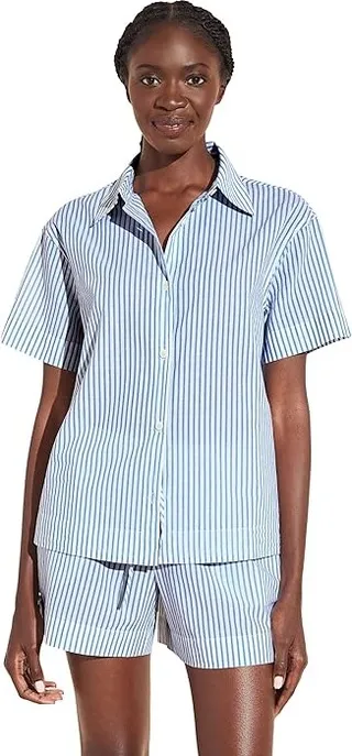 Eberjey Organic Sandwashed Cotton Printed - The Short PJ Set (Nautico Stripe Azure) Women's Pajama Sets