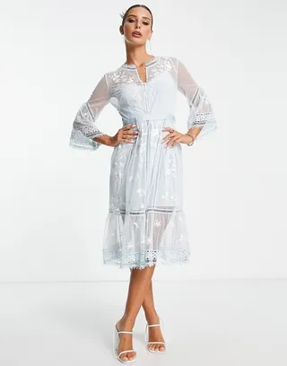 French Connection midi tea dress with delicate floral embroidery in baby blue