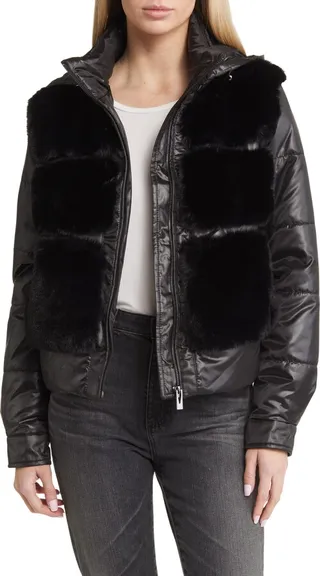 Faux Fur Mixed Media Puffer Jacket