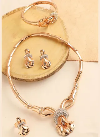 Gold Plated Designer Stone Necklace, Earring, Ring and Bracelet Set