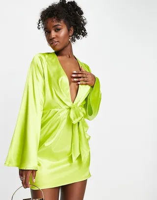 In The Style x Perrie Sian exclusive knot front shirt dress in lime