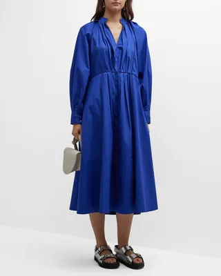 Ladder-Trim Pleated Midi Shirtdress