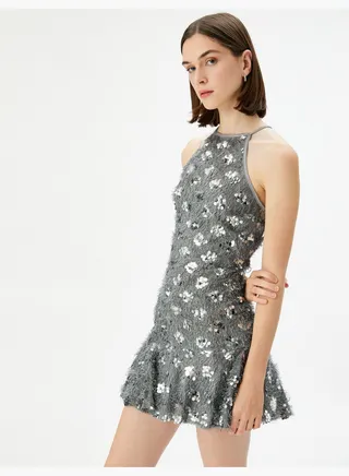 Mini Sequined Dress Fur Effect Halter Neck
