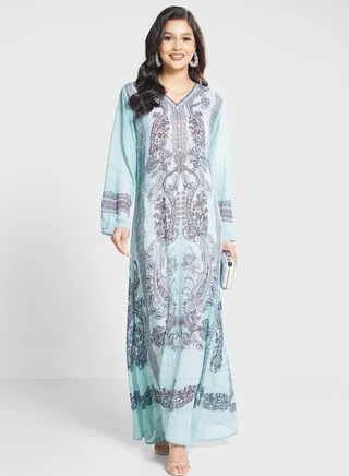 V-Neck Floral Printed Jalabiya