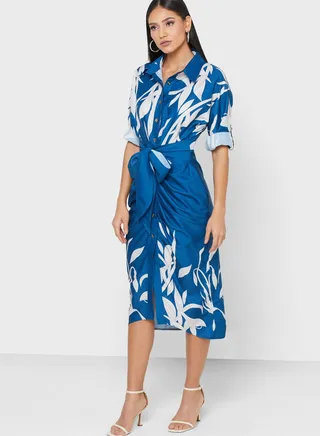 Tie Knot Ruched Button Detail Dress