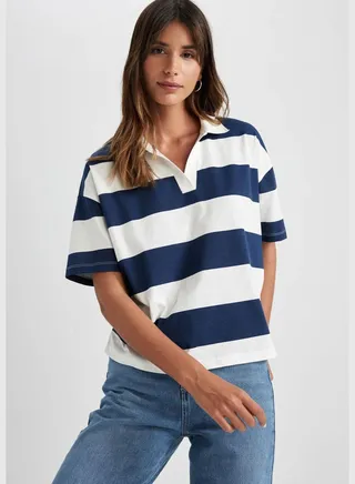 Woman Polo Neck Knitted Short Sleeve T-Shirt