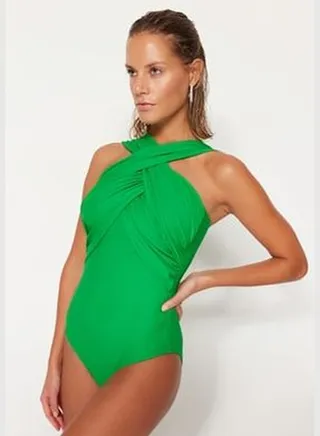Green Round Neck Draped Regular Leg Swimsuit TBESS20MA0298
