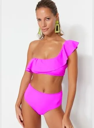Pink One-Shoulder Frilly Bikini Top TBESS21BU0039