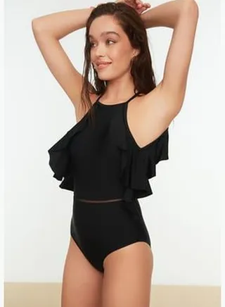 Black Halterneck Swimsuit with Ruffle TBESS20MA0297