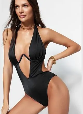 Black Balconette Inverted V Underwire High Leg Swimsuit TBESS23MA00008