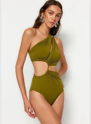 Khaki One-Shoulder Tunnel Swimsuit TBESS23MA00206