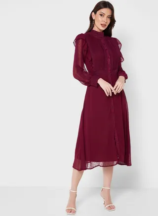 Self Textured Dress With Lace Trim