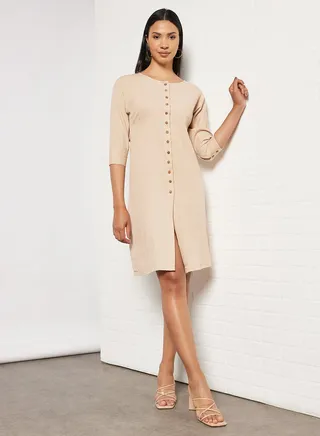 Shirred Waist Dress Beige