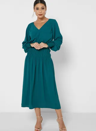 V-Neck Shirred Dress