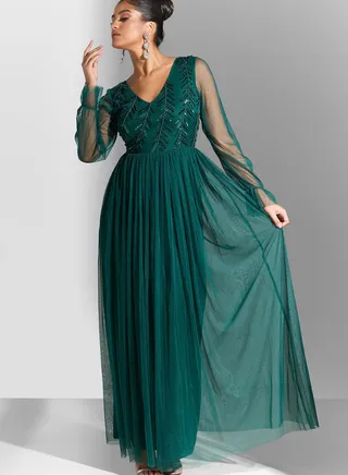 Embellished Bodice V Neck Dress