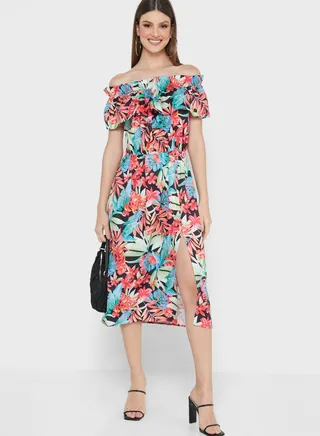 Slit Tropical Print Dress
