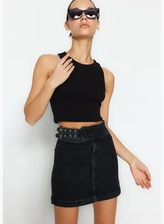 Black Accessory Detail Mini Normal Waist Denim Skirt