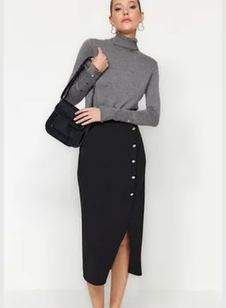Black Smart Crepe Button Detailed High Waist Midi Pencil Stretch Knitted Skirt TWOSS23ET00320