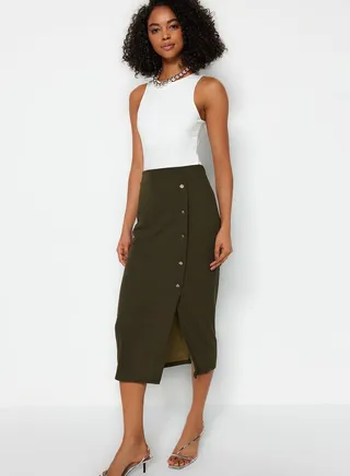Button Detailed High Waist Side Slit Skirt