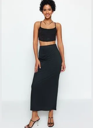 Black Maxi High Waist Flexible Knitted Skirt TWOSS23ET00372