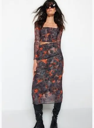 Anthracite High Waist Printed Midi Stretchy Lined Tulle Knitted Skirt TWOAW24ET00097