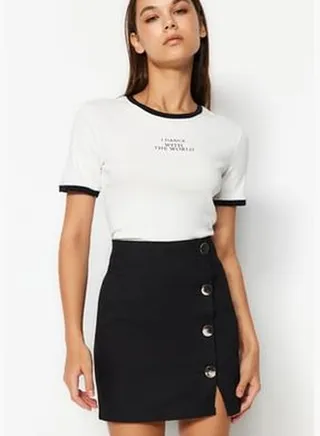 Black Knitted Mini Skirt With Buttons TWOAW24ET00276