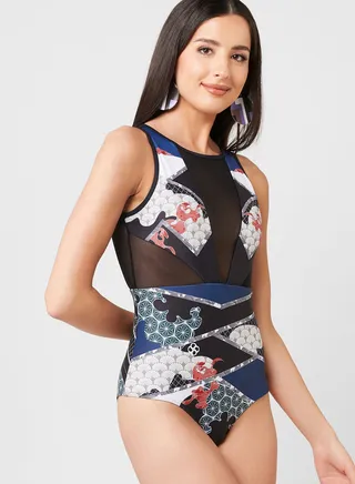 Mesh Insert Printed Swimsuit