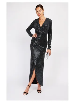 Little Mistress Black Foil Sequin Maxi Dress