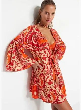 Floral Pattern Belted Mini Woven Kimono & Kaftan TBESS23KM00032
