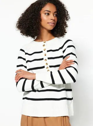 Buttoned Neck Striped Sweater